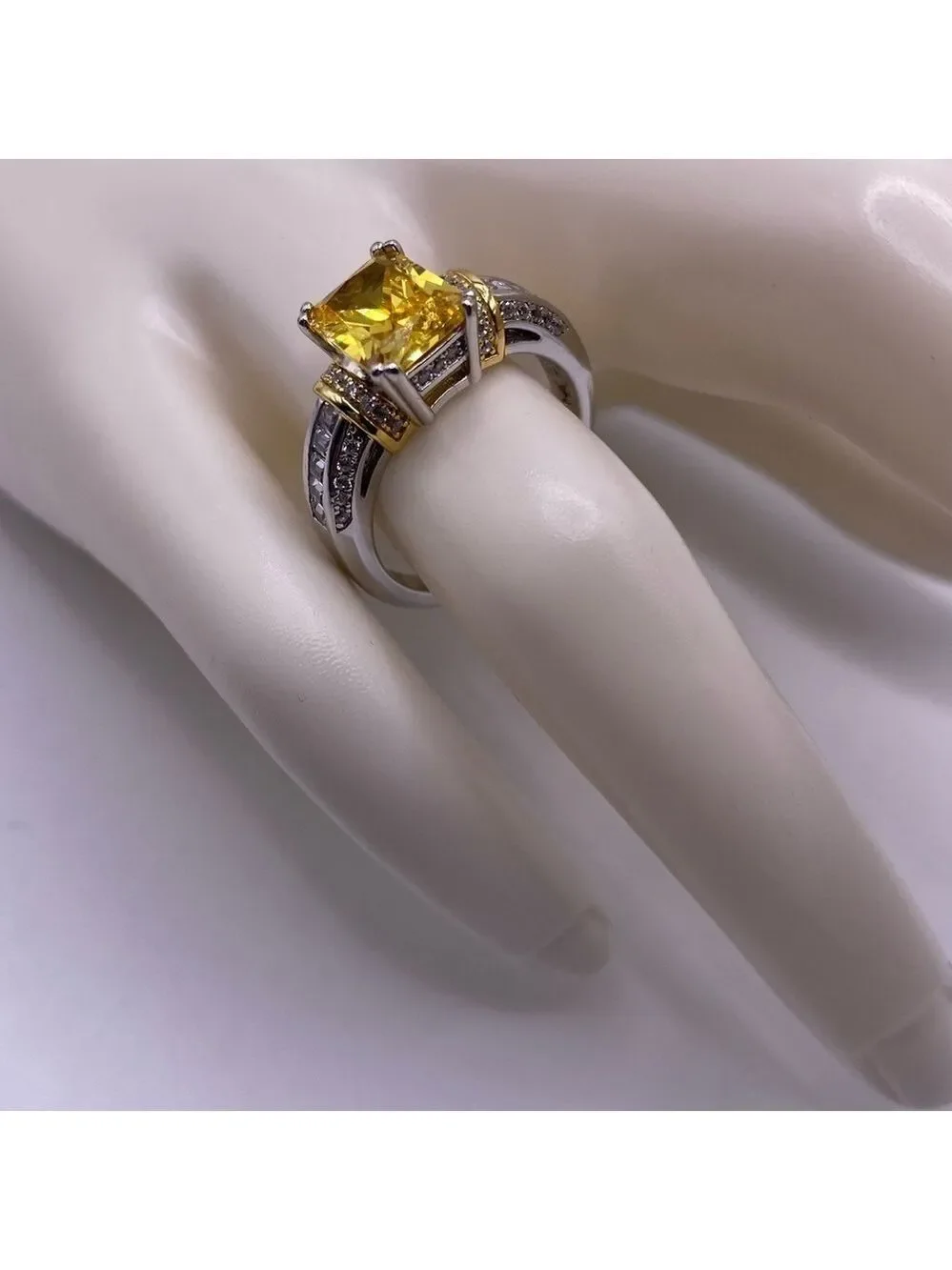Sterling Silver Two Tone Gold Plated Emerald Cut Yellow CZ Ring - Size 7, NWT